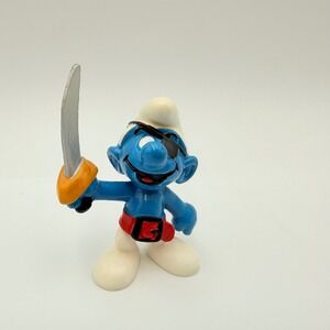 Vintage by Bully West Germany Peyo Pirate Smurf Figure with Sword Eye Patch PVC